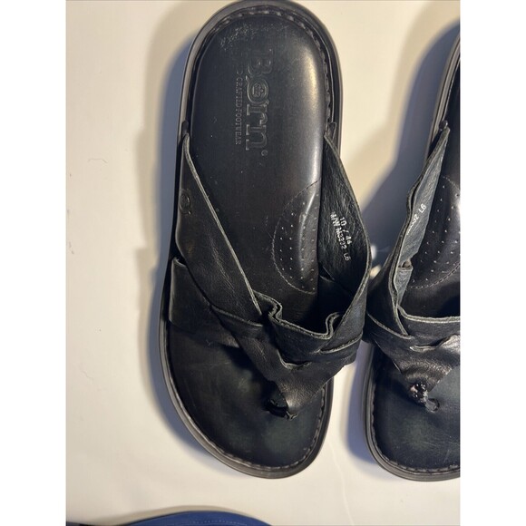 Size 10 Born Leather Sandals Flip Flop Slides  Hand Crafted Black Open Toe  EUC main image 4